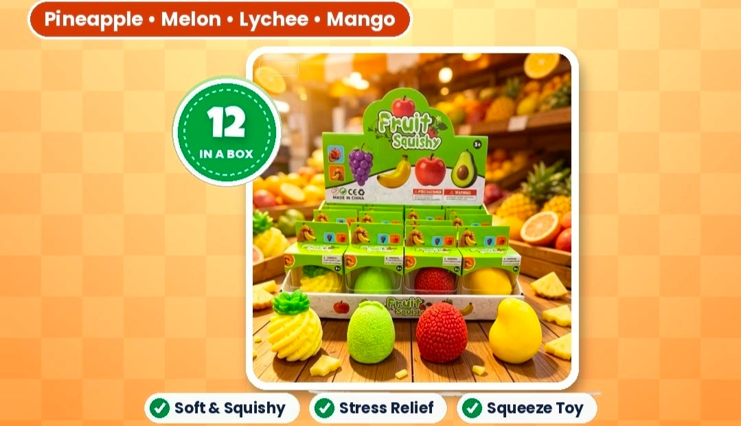 12pcs Fruit Squishy - Pineapple, Melon, Lychee & Mango